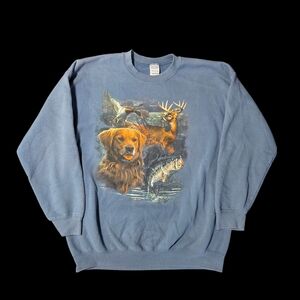Vtg Nature Animal Sweatshirt XL Pullover Dog Fish Deer Duck Crewneck Blue Y2K